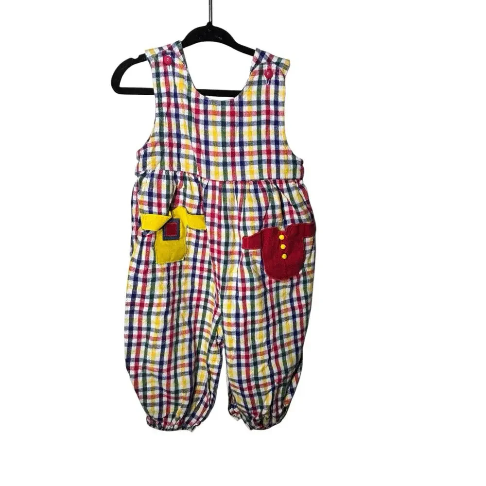 Vintage Plaid Overall Jumper 12 Months Cotton Handmade 80s 90s Colorful Red Blue
